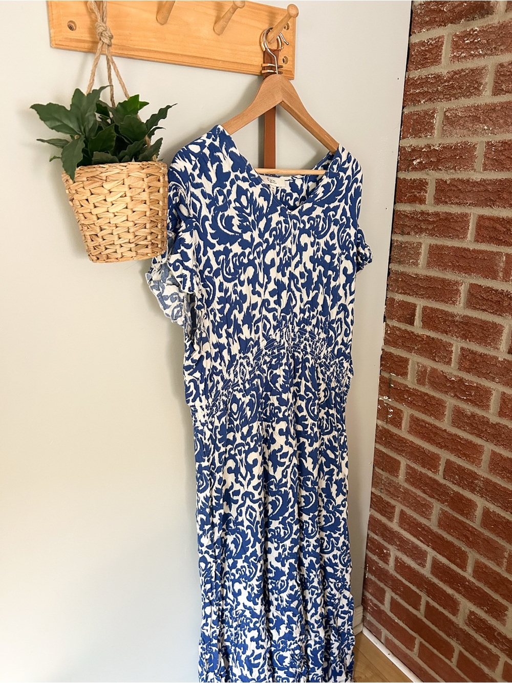 Blue and White Printed Maxi Dress with Smocked Waist